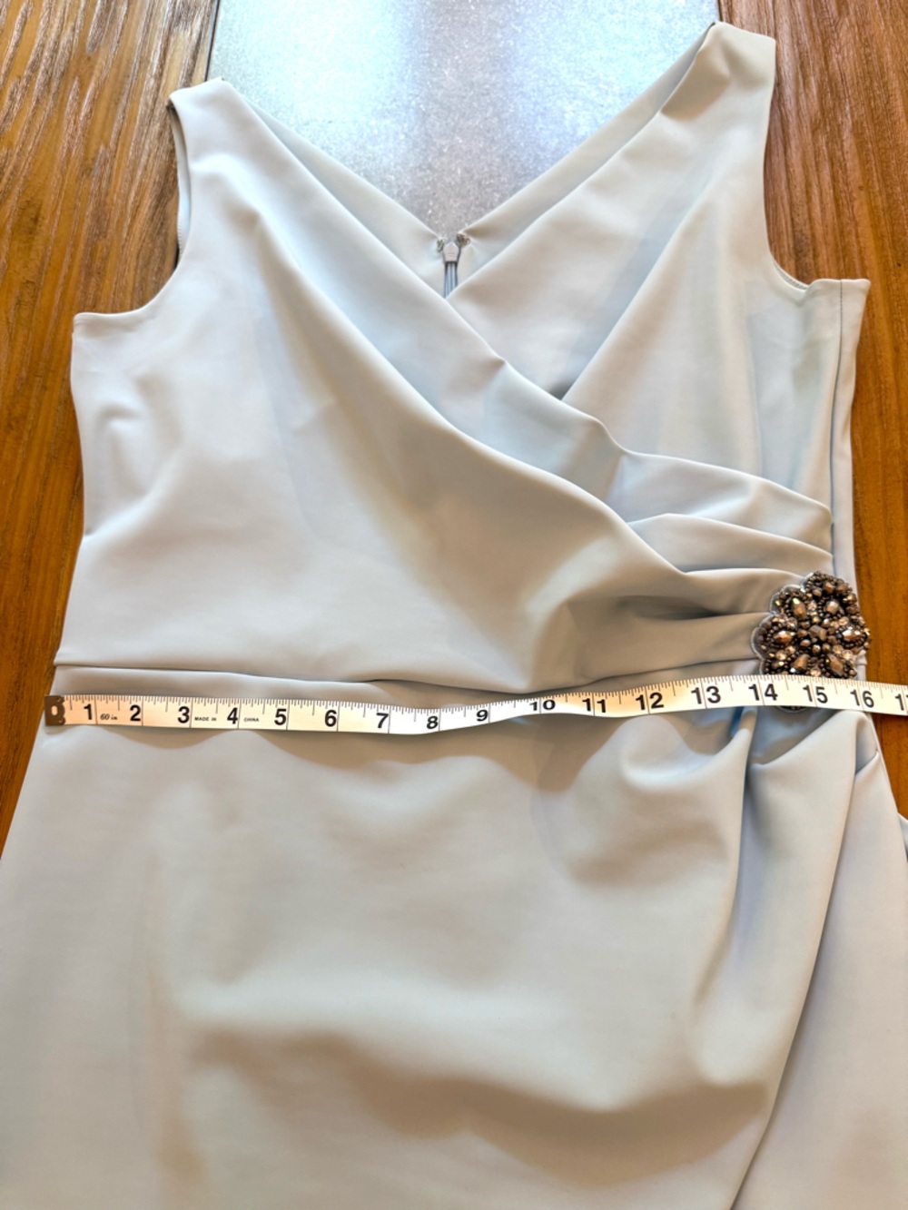 Alex Evenings Surplice Ruched Sheath Dress Rhinestone Brooch Light Blue Size 14 - Picture 9 of 10